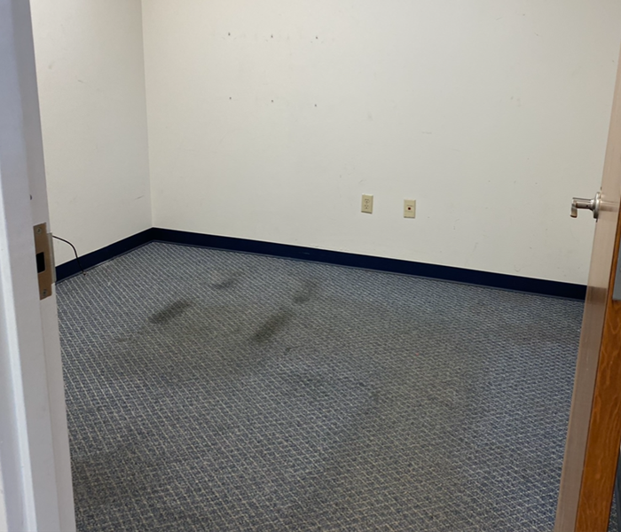 office with dirty blue carpets
