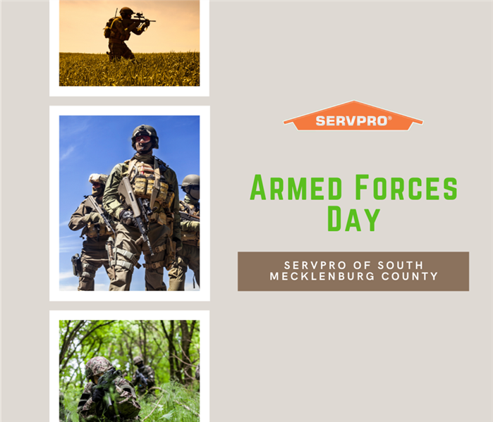 "Armed forces day" with three pictures of soldiers and SERVPRO logo