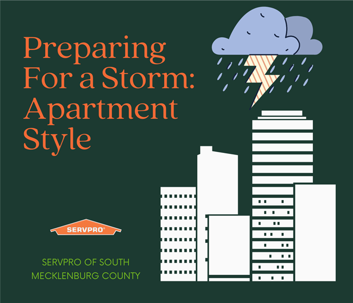 “Preparing For a Storm: Apartment Style” with apartment buildings and a storm cloud clipart with the SERVPRO logo