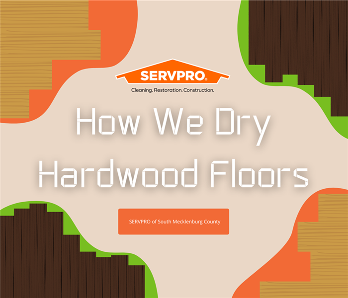 “How We Dry Hardwood Floors” with orange and green coming out from behind hardwood floor clipart