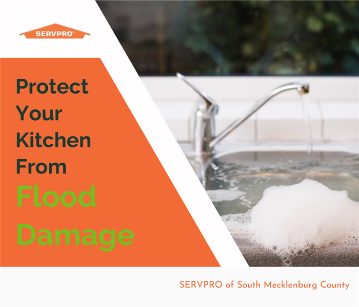 “Protect your kitchen from floor damage” with a picture of an overflowing sing and SERVPRO logo