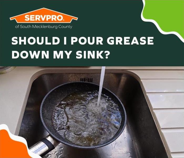 Grease in a pan being poured down kitchen sink with running water