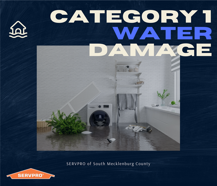 Flooded Laundry Room with SERVPRO logo and “Category 1 Water Damage”