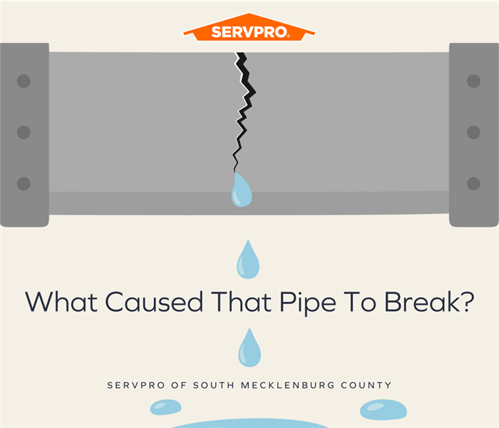 “What Caused That Pipe To Break?” with clipart of A broken pipe leaking water and the SERVPRO logo