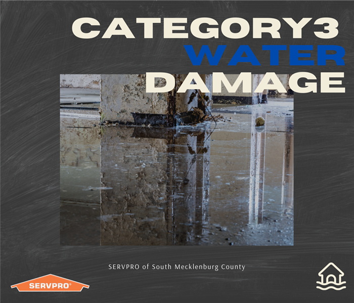 "category 3 water damage" with home flooded with dirty water and SERVPRO Logo