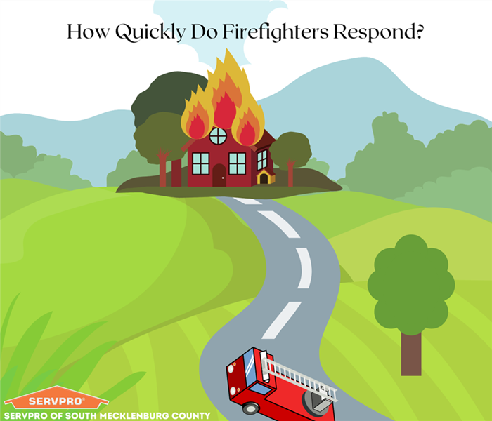 “How Quickly Do Firefighters Respond?” With a firetruck headed to a burning house and the SERVPRO logo