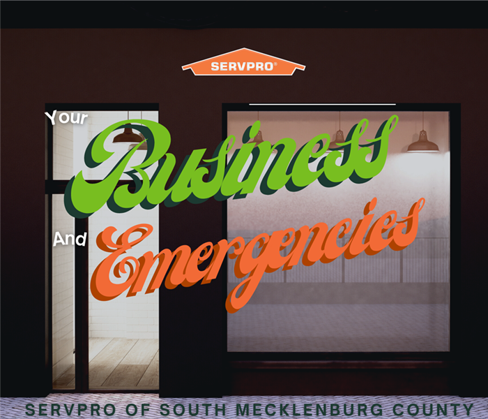 “Your Business And Emergencies” with an empty storefront and the SERVPRO logo