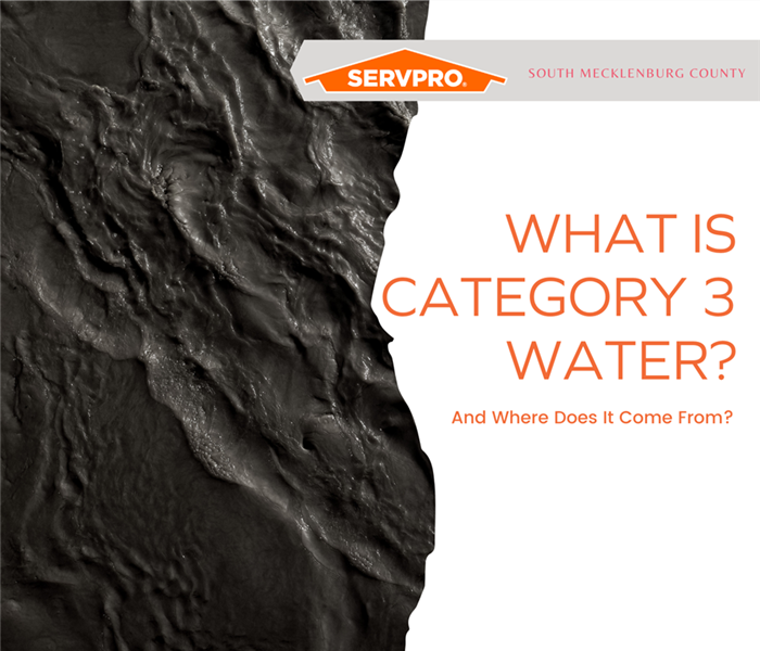 “What Is Category 3 Water? And Where Does It Come From?” with a picture of black water on half of the image and the logo