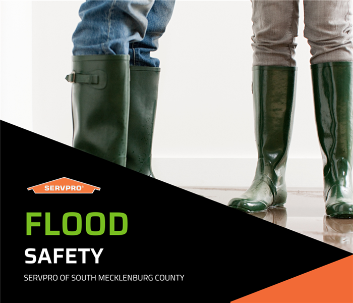 “flood safety” with people in rainboots standing in a flooded home and the SERVPRO logo