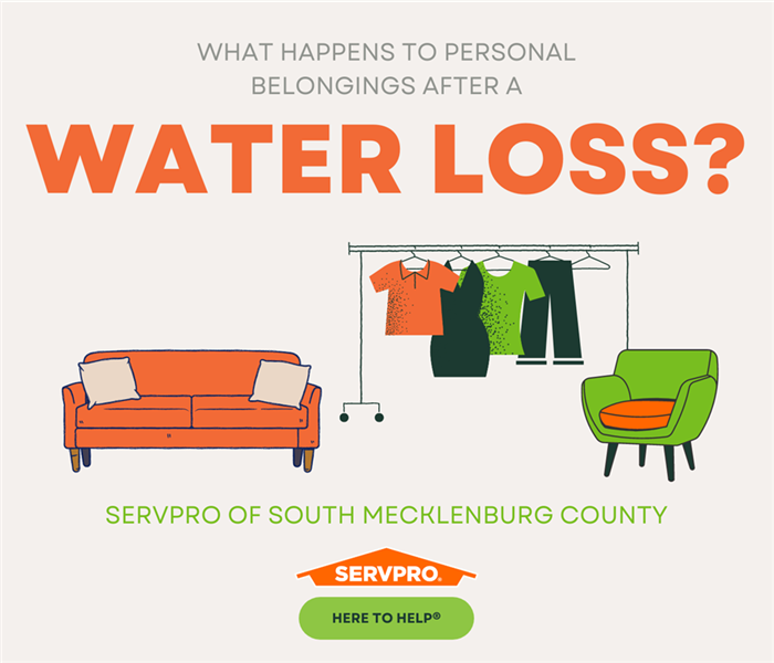 “What Happens To Personal Belongings After A Water Loss?” With a couch, chair, and clothing rack and the SERVPRO logo