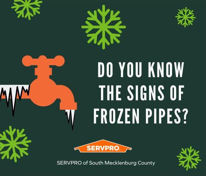 Snowflake background and text with orange frozen pipe graphic and SERVPRO logo