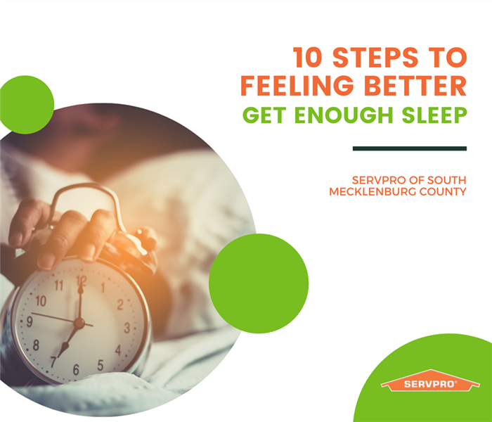 “10 steps to feeling better: get enough sleep” with an alarm clock and the SERVPRO logo