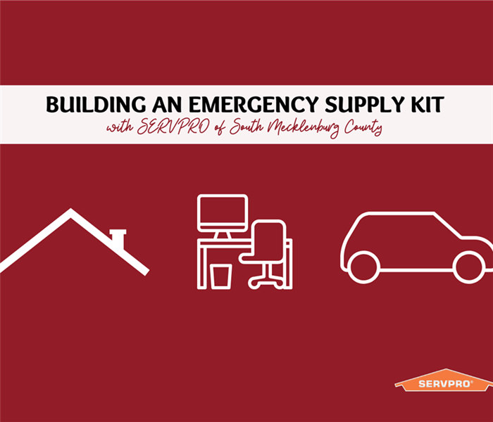  “Building an emergency supply kit” with outline of house, desk, and car with SERVPRO logo