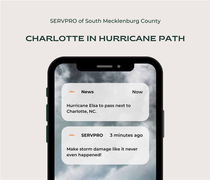 “Charlotte in hurricane path” with a phone with notifications about the storm and SERVPRO logo