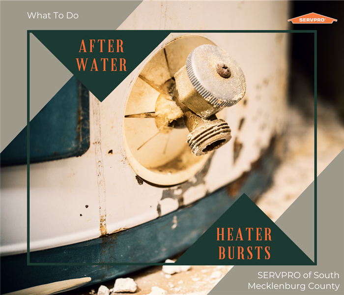 “What To Do After Water Heater Bursts” with a water heater and SERVPRO logo