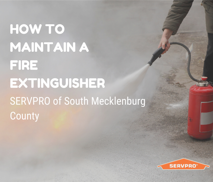"how to maintain a fire extinguisher" with someone putting out a fire using a fire extinguisher.