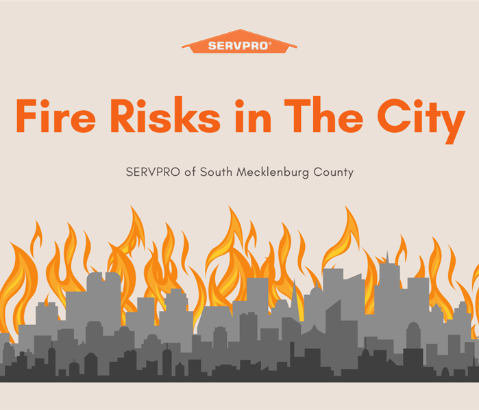 clipart of skyline with fire behind it with "fire risks in the city" and the SERVPRO logo