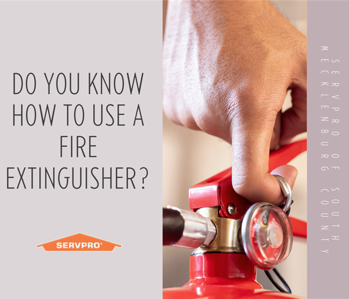 "do you know when to use a fire extinguisher" with a finger pulling the pin out of a fire extinguisher