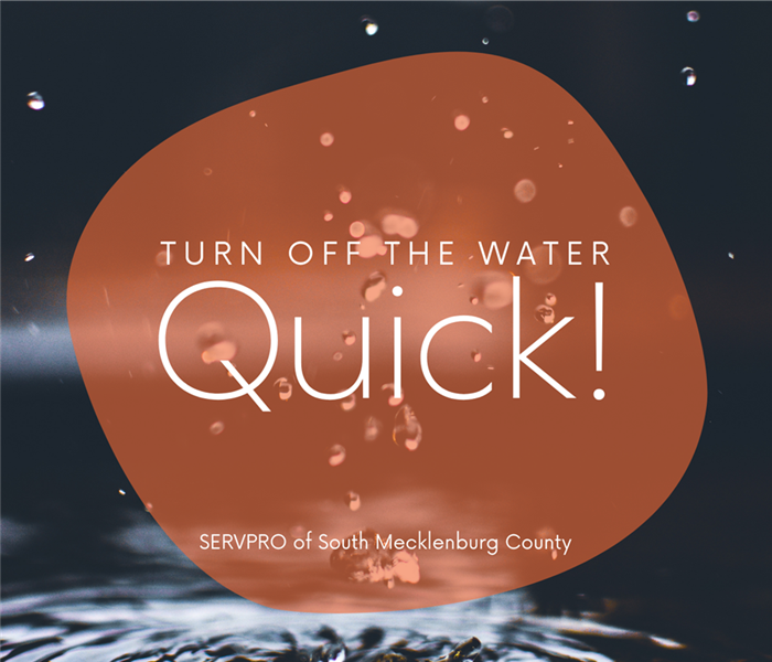 “Turn off the water quick!” with an orange semi-transparent organic circle shape and a picture of water dropping into a puddl