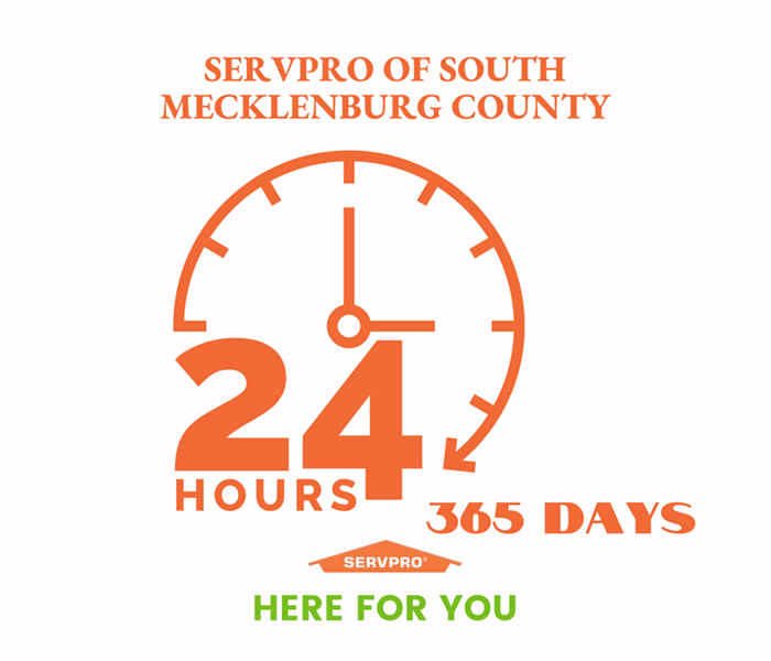 “SERVPRO of south mecklenburg county 24 hours 365 days, here for you” with the SEVRPRO logo